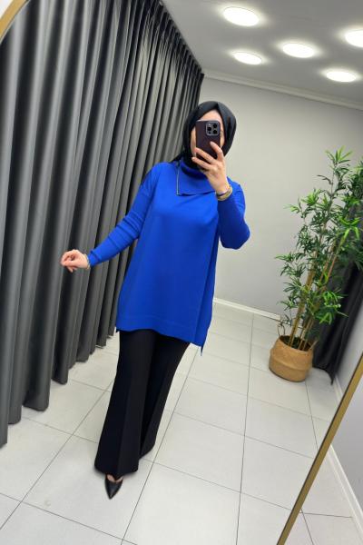 Boynu Fermuar Detaylı Merserize Tunik  Saks Mavisi