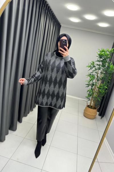 Baklava Desen Simli Triko  Gri Siyah