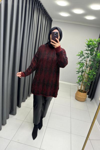 Baklava Desen Simli Triko  Siyah Bordo