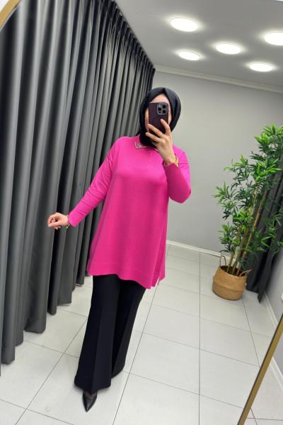 Yakası Taşlı Detay Merserize  Fuşya