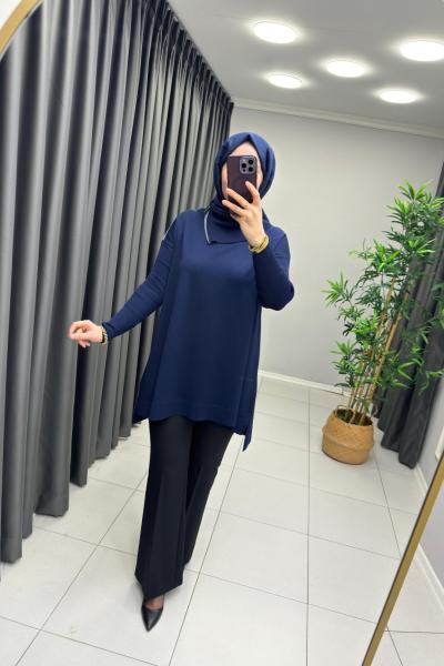Boynu Fermuar Detaylı Merserize Tunik  Lacivert