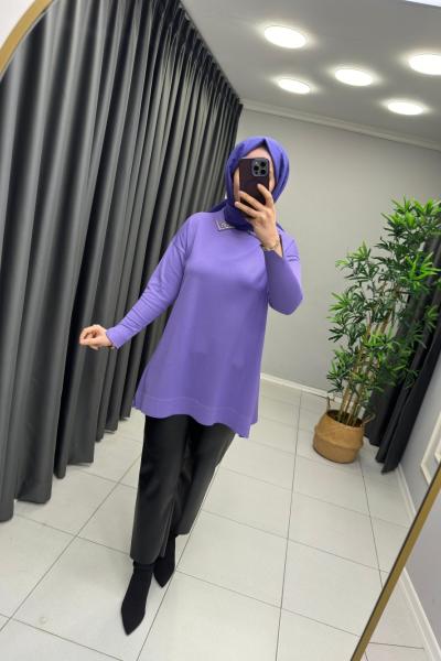 Yakası Taşlı Detay Merserize  Lila