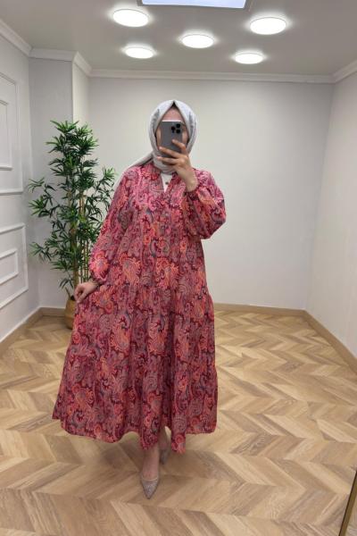 ETNİK DESEN ELBİSE Bordo