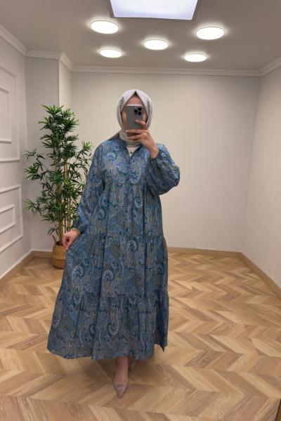 ETNİK DESEN ELBİSE Petrol Mavisi