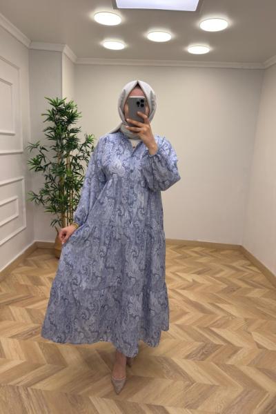 ETNİK DESEN ELBİSE Mavi