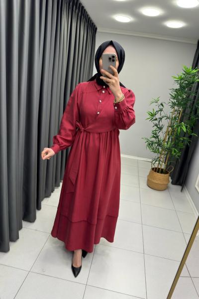 Bağlama Detaylı Taş Düğme Elbise Bordo