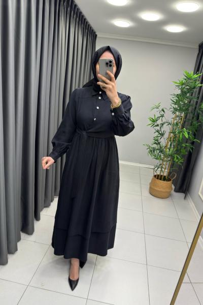 Bağlama Detaylı Taş Düğme Elbise Siyah