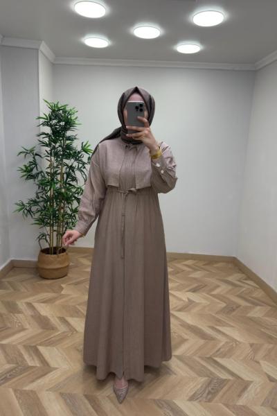 Başak Çilek Keten Elbise Vizon