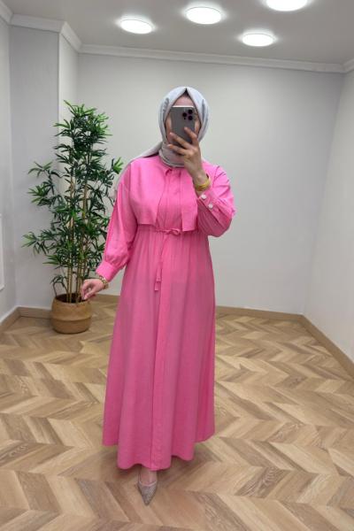 Başak Çilek Keten Elbise Pembe