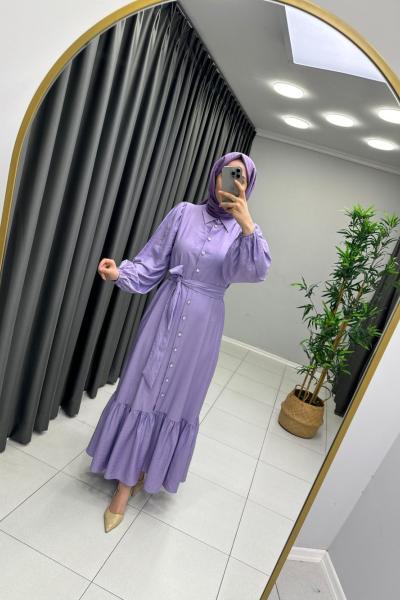 Boydan Düğmeli Elbise Turkuaz Lila