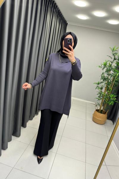 Boynu Fermuar Detaylı Merserize Tunik Antrasit