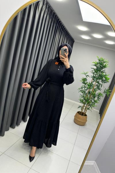 Broşlu Keten Elbise Siyah