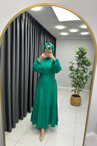 Broşlu Keten Elbise Koyu Yeşil