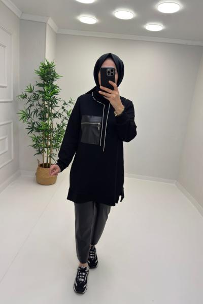 Deri Cep Detay Tunik Siyah