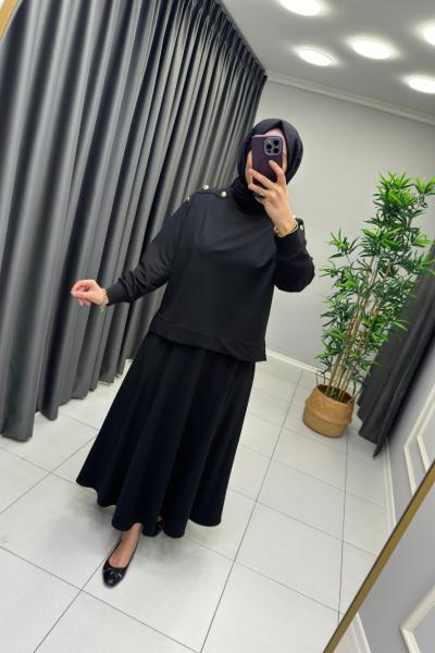 Elena düğmeli spor etekli takım Siyah