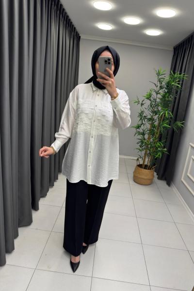 Esse Yakası Taşlı Gömlek Beyaz