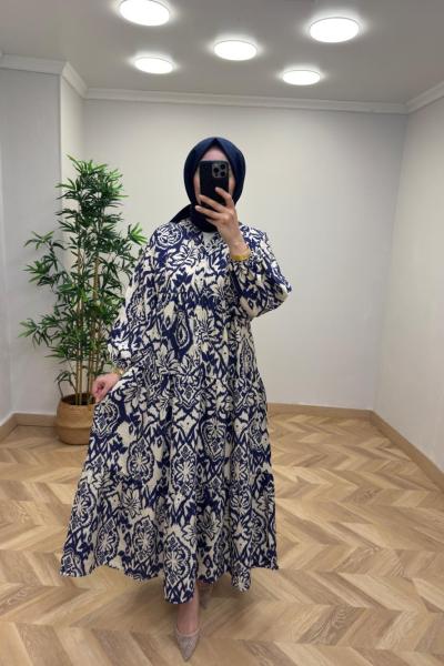 Fethiye Mango Elbise Ekru Lacivert