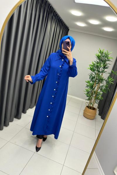 Fırfır Detaylı Kap Elbise Saks Mavisi