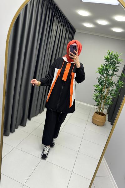 Garni Paraşüt Detay Pamuk Takım  Siyah Tarçın