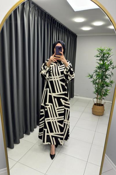 Geometrik Desen Pamuk Viskon Elbise Siyah