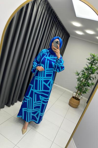 Geometrik Pamuk Viskon Elbise Mavi