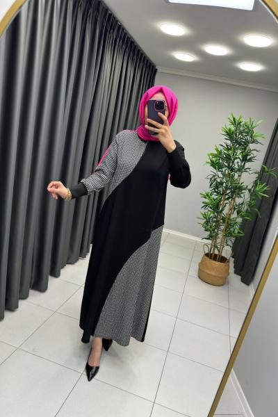 Gofre Detay Elbise Siyah