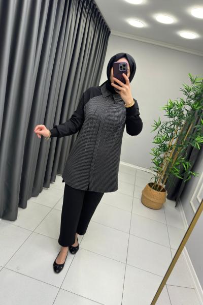 Gömlek Detaylı Puane Sweat Siyah