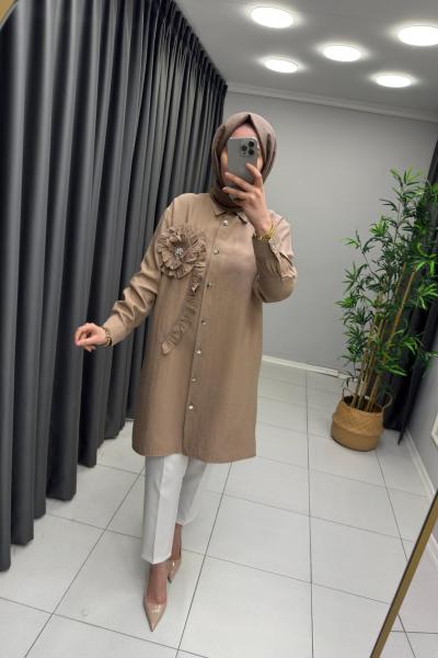 Gül Detaylı Tensel Gömlek  Vizon