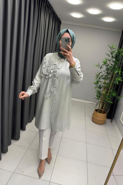 Gül Detay Tensel Gömlek  Su Yeşili