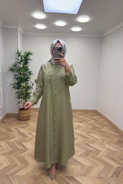 Gül Detay Elbise Mint Yeşili
