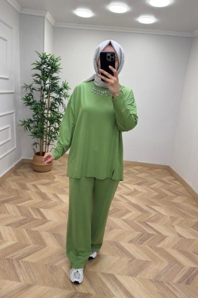 İkoll Taş İşlemeli Takım  Yeşil