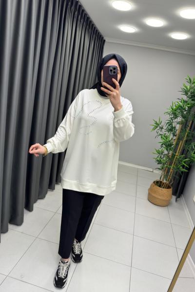 İKOLL TAŞ DETAYLI TUNİK  Ekru