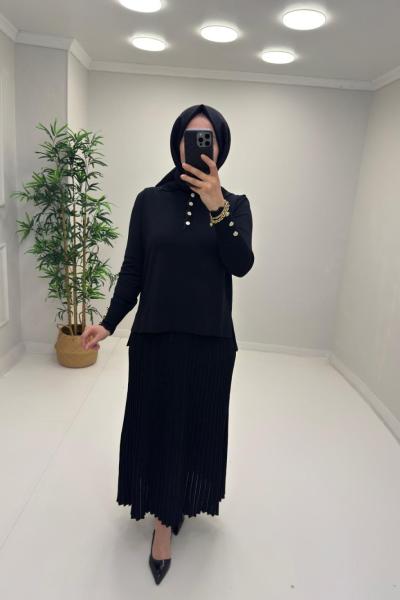 Işıltı Detay Etekli Merserize Takım Siyah