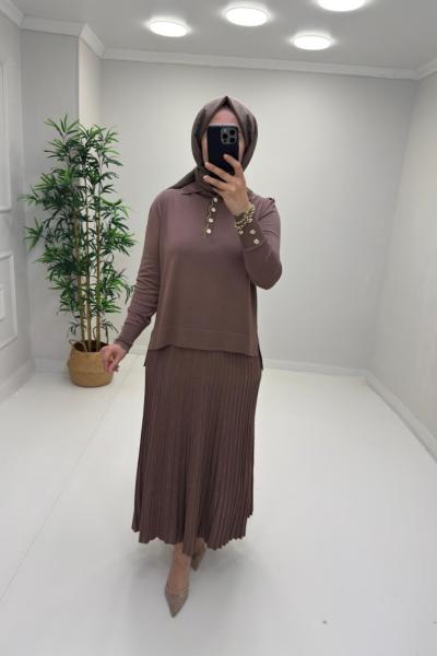 Işıltı Detay Etekli Merserize Takım Vizon