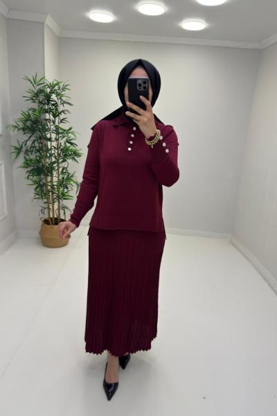 Işıltı Detay Etekli Merserize Takım Bordo