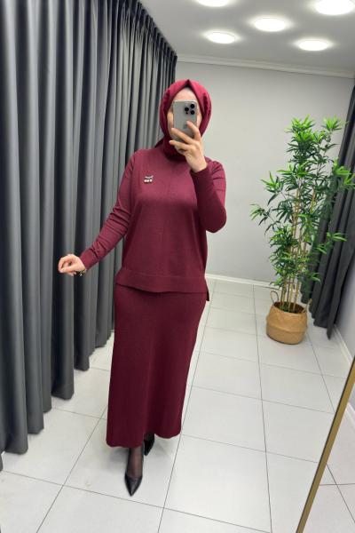Işıltılı Merserize Etekli Takım Bordo