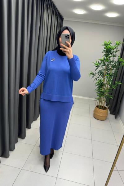 Işıltılı Merserize Etekli Takım  Saks Mavisi