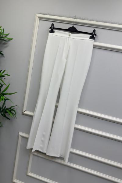 İspanyol paça beli lastikli pantolon Beyaz