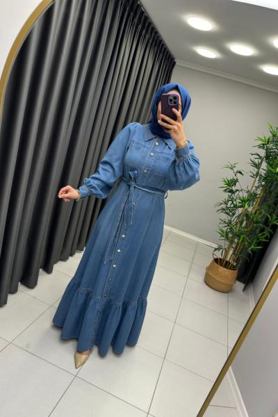 Jasmin Önü Düğme Detaylı Kot Elbise Mavi