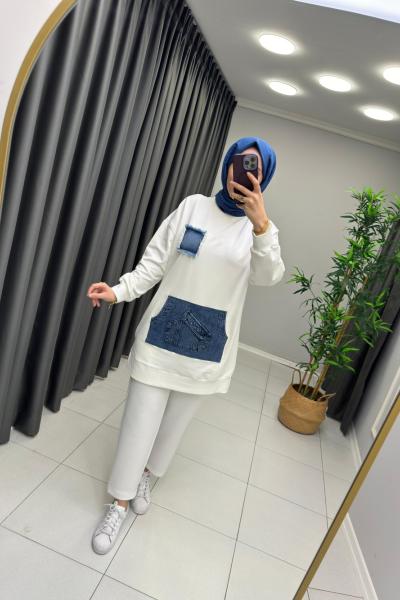 Kanguru Cep Detaylı Puane Sweat Beyaz