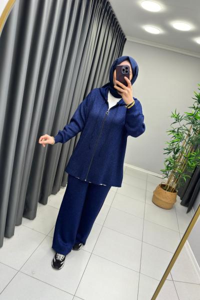 Kapüşonlu Simli  Örme Triko Takım  Lacivert