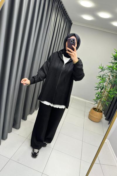 Kapüşonlu Simli  Örme Triko Takım  Siyah