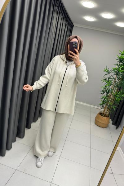 Kapüşonlu Simli  Örme Triko Takım  Taş Rengi