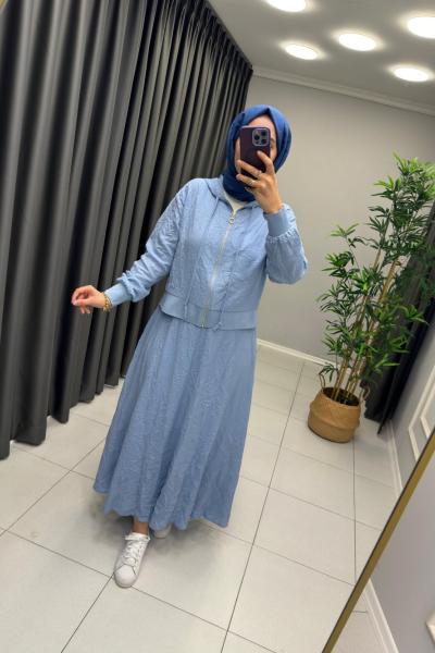 Keten Kraş Etekli Takım Mavi