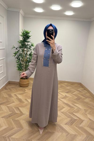 Kot Detaylı Zümra Elbise Vizon