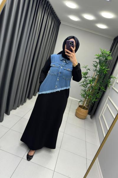 Kot Detaylı Puane Elbise Siyah