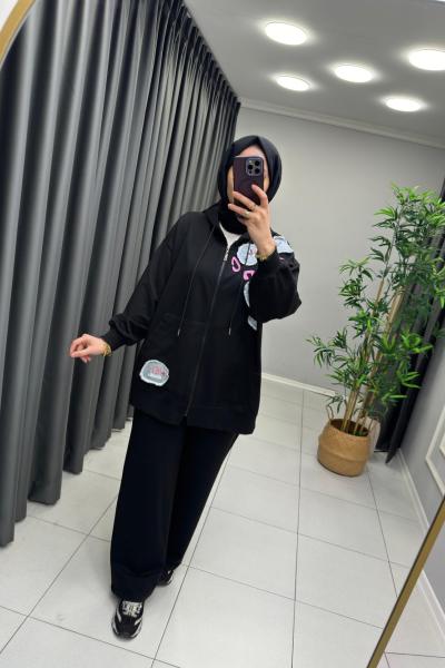 KOT DETAYLI İKOLL TAKIM Siyah Beyaz