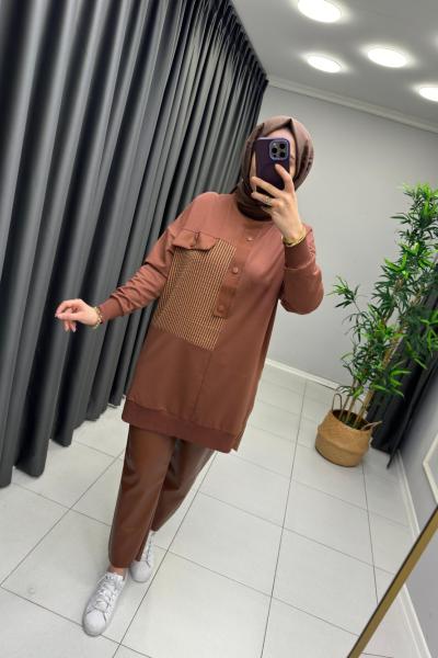 Gofre Kumaş Detaylı Puane Sweat  Kahverengi