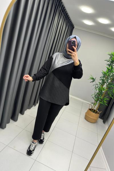 Kumaş Detaylı Puane Sweat  Siyah