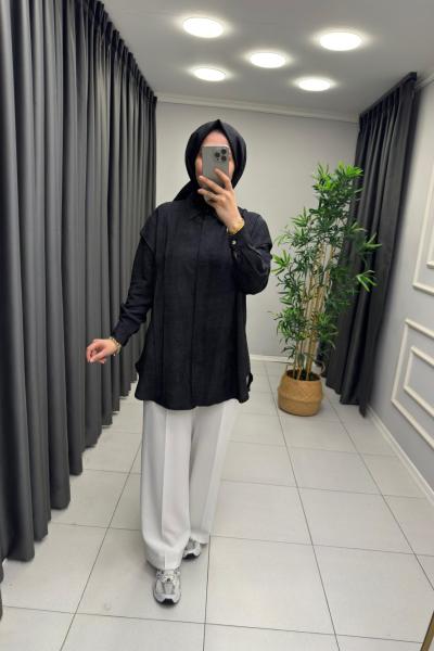 Lema Çilek Keten Gömlek  Siyah